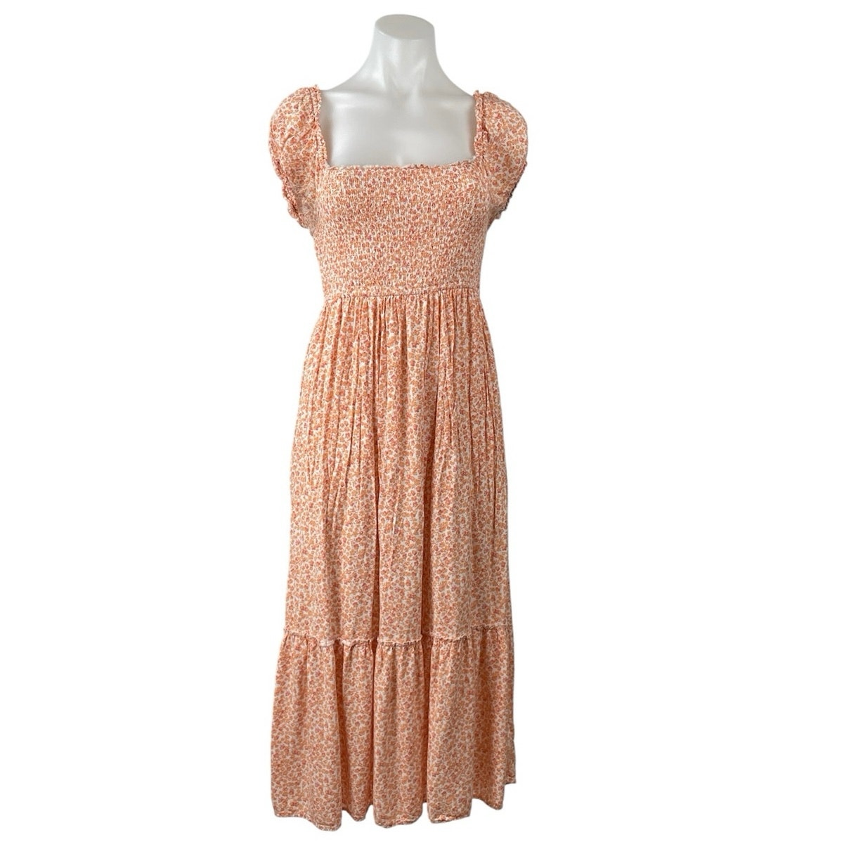 Aeropostale Coral Ditsy Floral Short Puff Sleeve Tiered A Line Midi Dress Size M